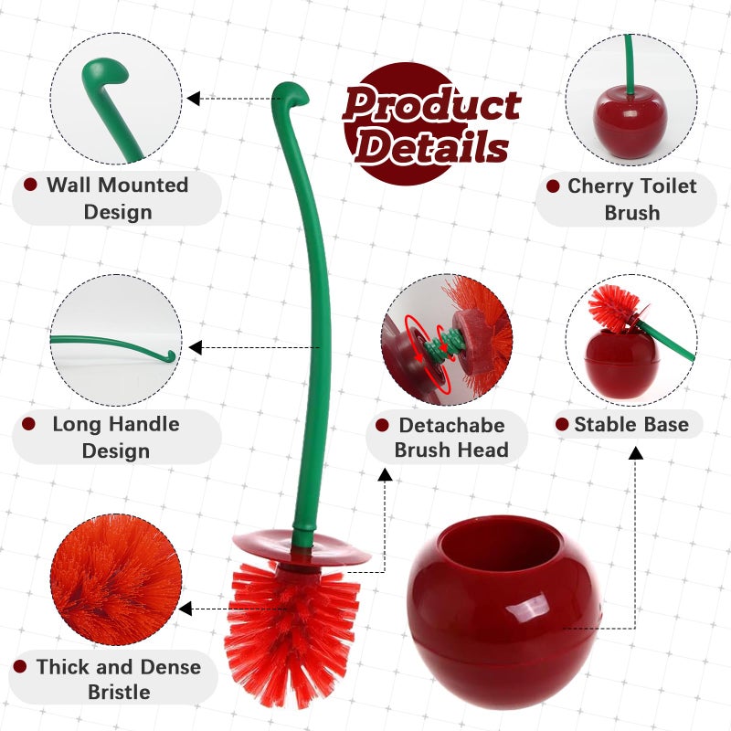 ADNIKIA Creative Toilet Brush with Holder Bowl&Long Handle, Household Bathroom Cleaning Tool Cleaner and Base for Storage&Organization, Thick Bristle for Deep Clean-Rust Resistant Leakproof-Red Cherry Shape - Image 2